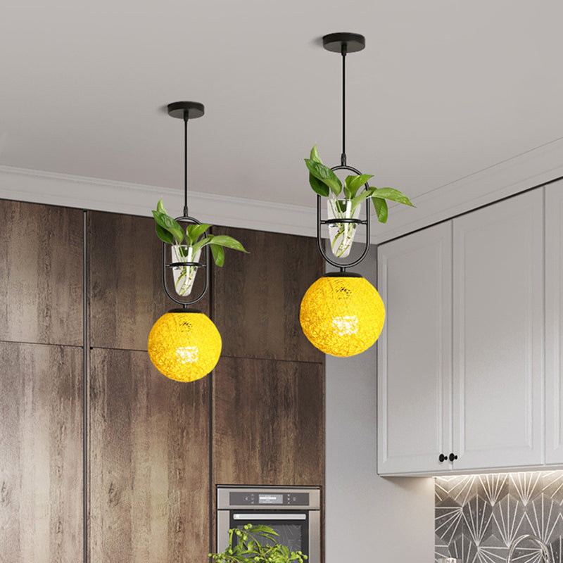 Macaron Rattan Globe Pendant Light With Plant Pot - Beige/Red/Pink Yellow