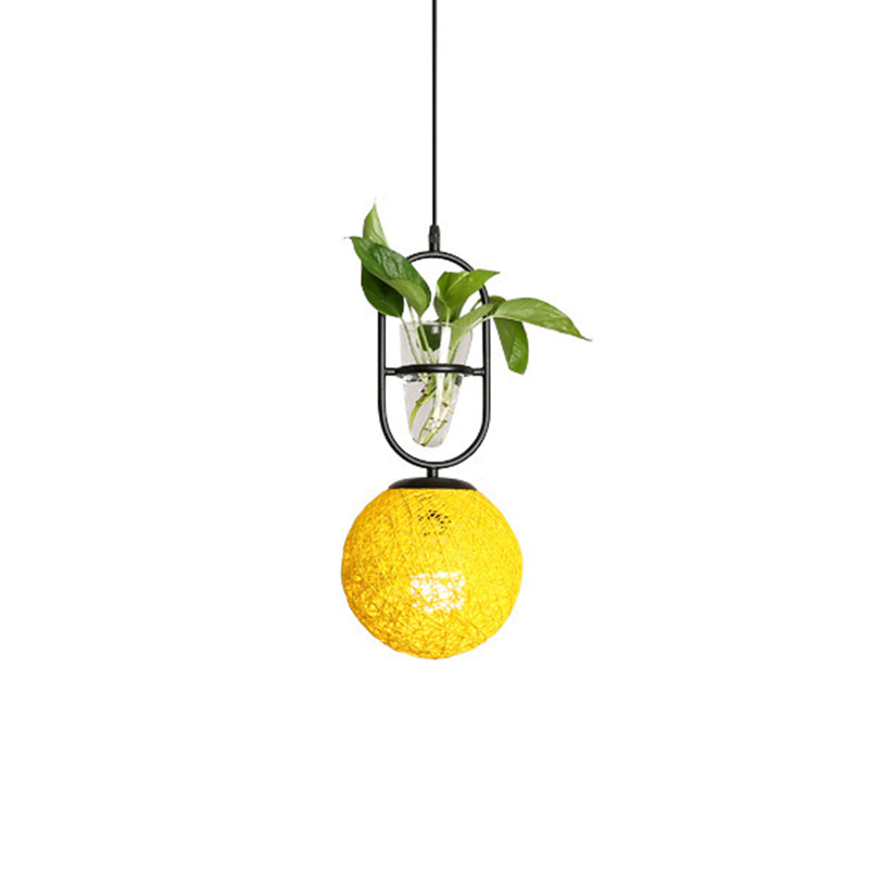 Macaron 1-Head Rattan Hanging Ceiling Light In Beige/Red/Pink With Plant Pot - Kitchen Pendant