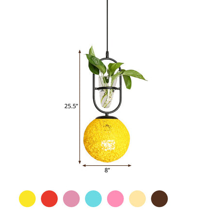 Macaron 1-Head Rattan Hanging Ceiling Light In Beige/Red/Pink With Plant Pot - Kitchen Pendant