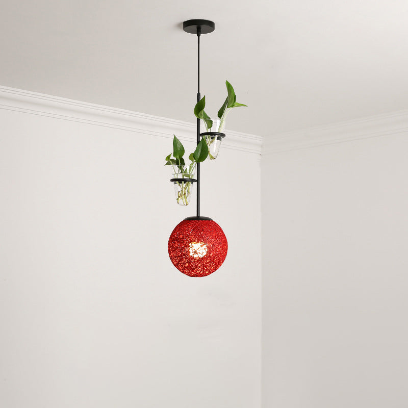 Macaron 1-Head Rattan Hanging Ceiling Light In Beige/Red/Pink With Plant Pot - Kitchen Pendant