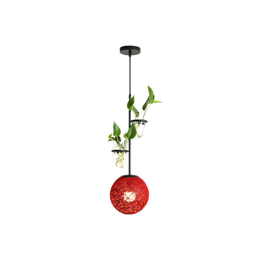 Macaron Rattan Globe Pendant Light With Plant Pot - Beige/Red/Pink