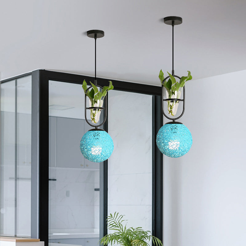 Macaron Rattan Globe Pendant Light With Plant Pot - Beige/Red/Pink Blue