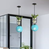 Macaron 1-Head Rattan Hanging Ceiling Light In Beige/Red/Pink With Plant Pot - Kitchen Pendant Blue