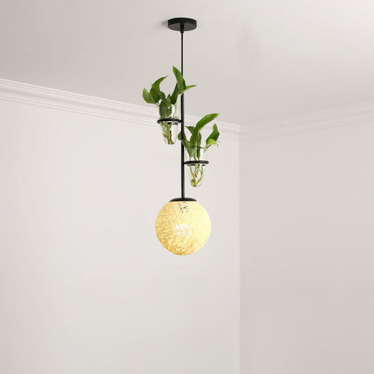 Macaron 1-Head Rattan Hanging Ceiling Light In Beige/Red/Pink With Plant Pot - Kitchen Pendant