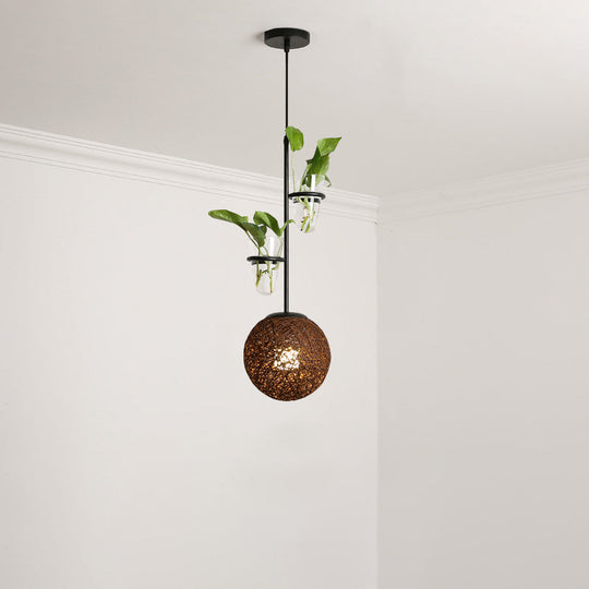 Macaron 1-Head Rattan Hanging Ceiling Light In Beige/Red/Pink With Plant Pot - Kitchen Pendant