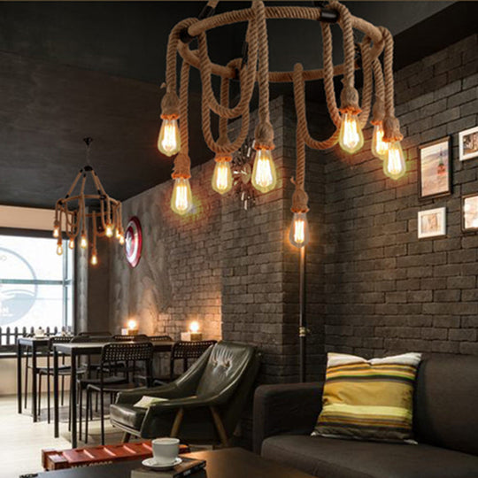 Brown Circle Ceiling Suspension Lamp - Lodge Style 6/8 Lights Restaurant Chandelier With Naked Bulb