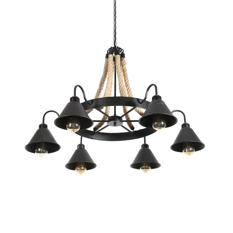 Loft Style Rope Chandelier With Cone Metal Shade - Brown Pendant Light 6/8 Heads