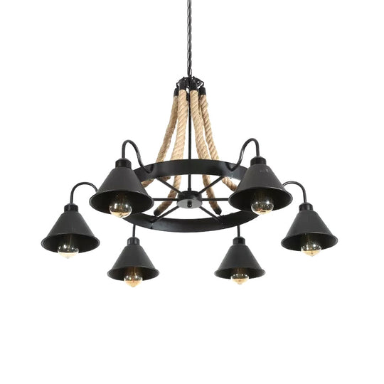 Loft Style Rope Chandelier With Cone Metal Shade - Brown Pendant Light 6/8 Heads