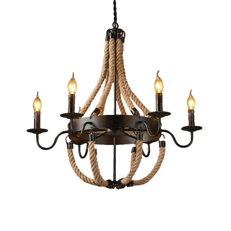 Countryside Hanging Chandelier With 6/8 Brown Bulbs And Hemp Rope Basket Pendant Design