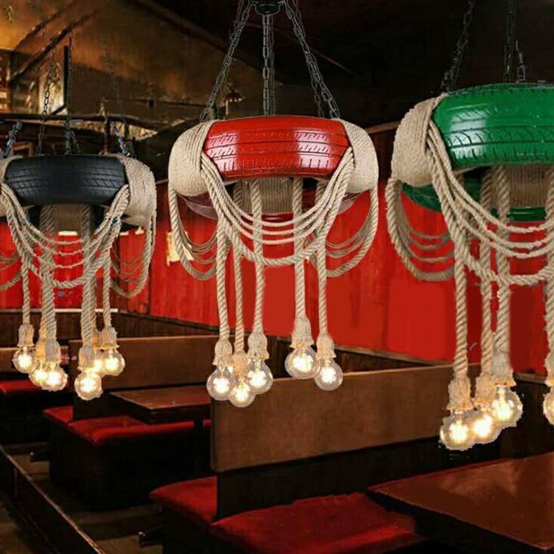 Rubber Warehouse 6-Head Tire Lamp With Hemp Rope - Red/Blue/Yellow Chandelier Pendant For Dining