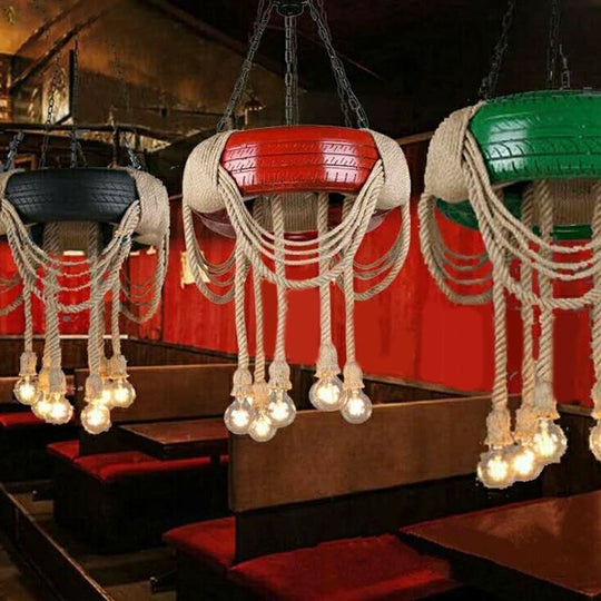 Rubber Warehouse 6-Head Tire Lamp With Hemp Rope - Red/Blue/Yellow Chandelier Pendant For Dining