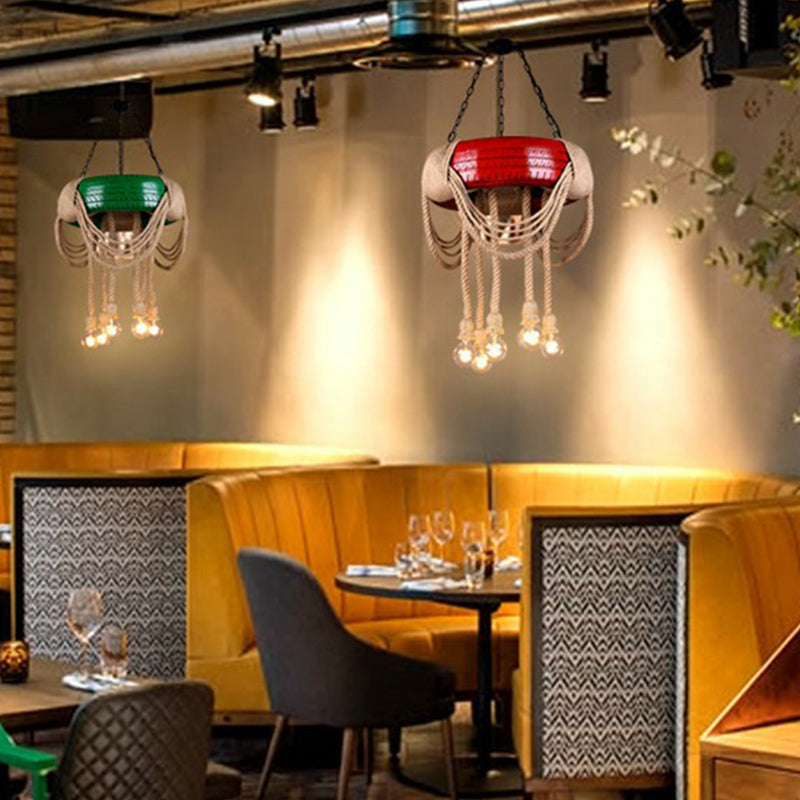 Rubber Warehouse 6-Head Tire Lamp With Hemp Rope - Red/Blue/Yellow Chandelier Pendant For Dining