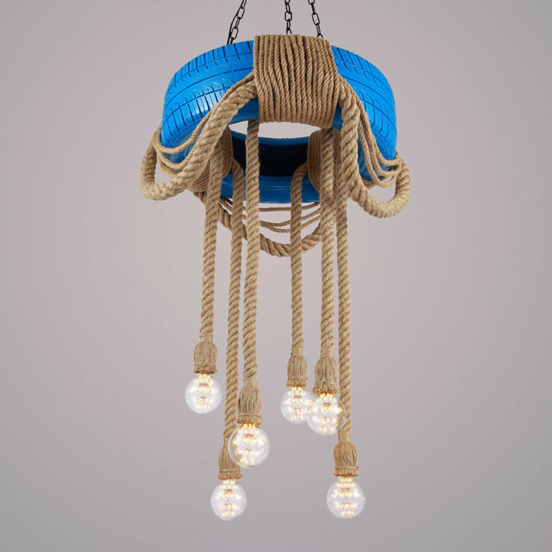 Rubber Warehouse 6-Head Tire Lamp With Hemp Rope - Red/Blue/Yellow Chandelier Pendant For Dining