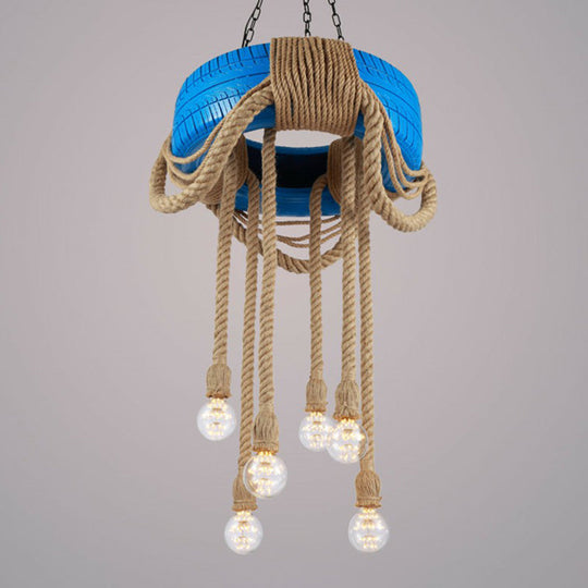 Rubber Warehouse 6-Head Tire Lamp With Hemp Rope - Red/Blue/Yellow Chandelier Pendant For Dining