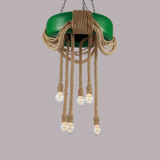 Rubber Warehouse 6-Head Tire Lamp With Hemp Rope - Red/Blue/Yellow Chandelier Pendant For Dining