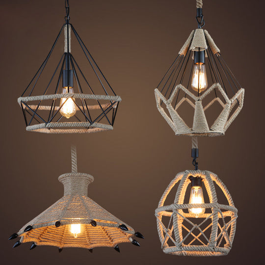 Rustic Flared Pendant Lamp With Natural Rope Suspension - Single-Bulb Light Fixture In Black/Brown