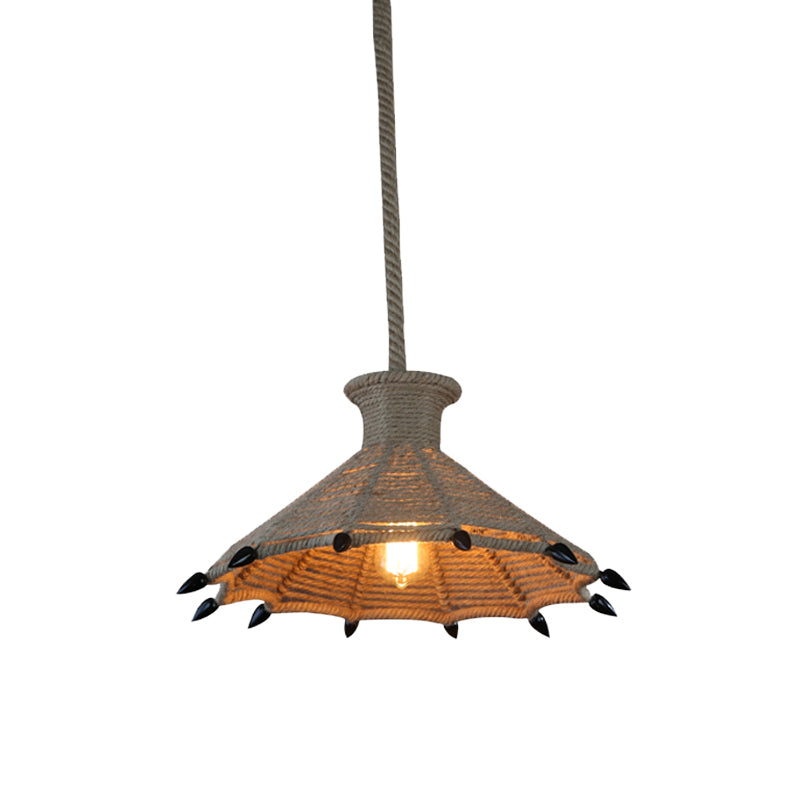 Rustic Flared Pendant Lamp With Natural Rope Suspension - Single-Bulb Light Fixture In Black/Brown