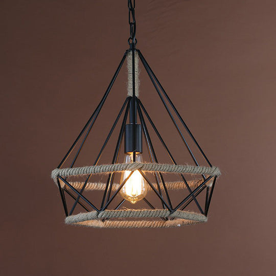 Rustic Flared Pendant Lamp With Natural Rope Suspension - Single-Bulb Light Fixture In Black/Brown
