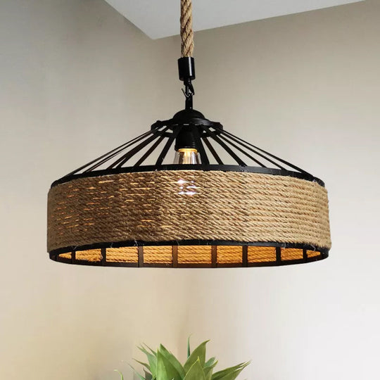 Rustic Rope Hanging Pendant Light Fixture For Dining Room With Barn Caged Design - Brown 1-Light