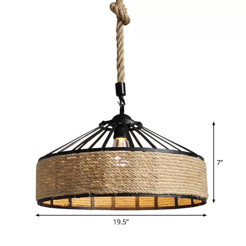 Rustic Rope Hanging Pendant Light Fixture For Dining Room With Barn Caged Design - Brown 1-Light