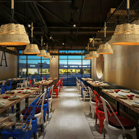 Jute Rope Drop Pendant Rustic Brown Restaurant Hanging Light - Single Hand-Worked Design / A