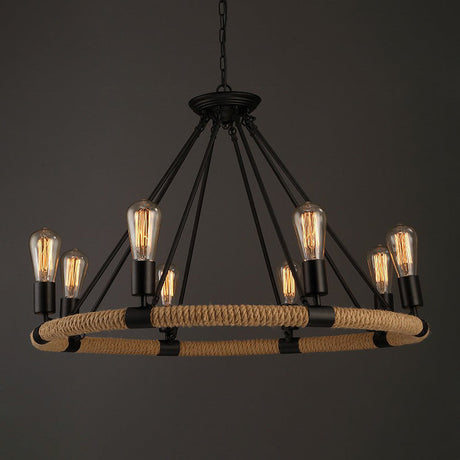 Rustic Circle Rope Chandelier With 6/8/14 Bulbs In Black And Brown By Factory