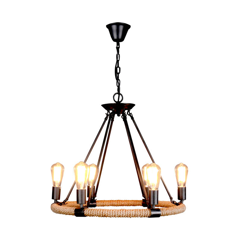 Rope-Wrapped Circle Pendant Light With Multiple Bulbs In Black And Brown