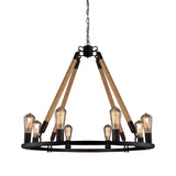 Industrial Hemp Rope Wagon Wheel Chandelier Pendant - Black 6/8 Lights For Living Room Ceiling Hang