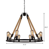 Industrial Hemp Rope Wagon Wheel Chandelier Pendant - Black 6/8 Lights For Living Room Ceiling Hang