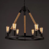 Industrial Hemp Rope Wagon Wheel Chandelier Pendant - Black 6/8 Lights For Living Room Ceiling Hang