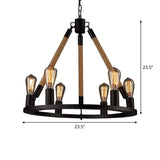 Industrial Hemp Rope Wagon Wheel Chandelier Pendant - Black 6/8 Lights For Living Room Ceiling Hang