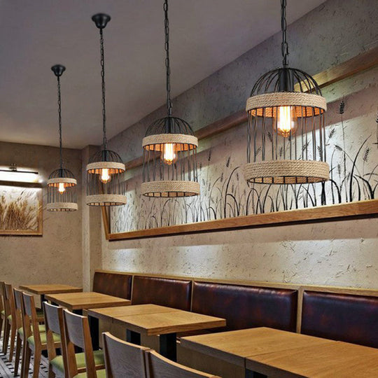 Country Style Brown Cage Pendulum Light With Roped Cloche - Perfect For Snack Bars