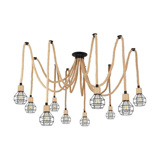 Rustic Rope Pendant Light With Spherical Cage Design - 6/10 Lights Brown Bistro Swag Lamp