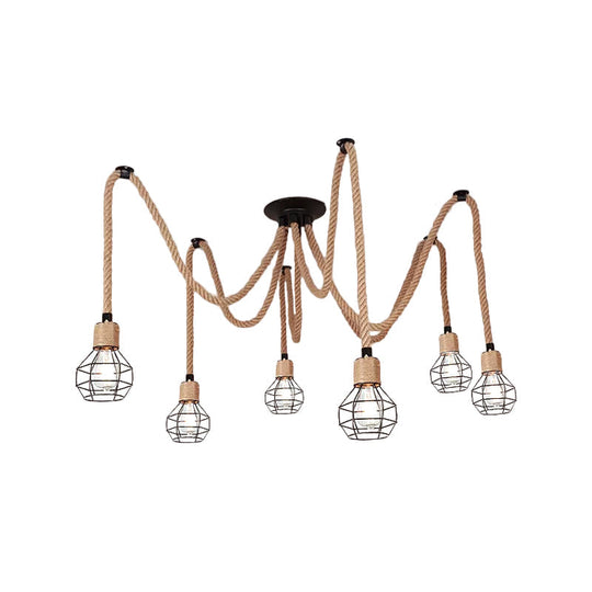 Rustic Rope Pendant Light With Spherical Cage - 6/10 Lights Brown Bistro Swag Lamp