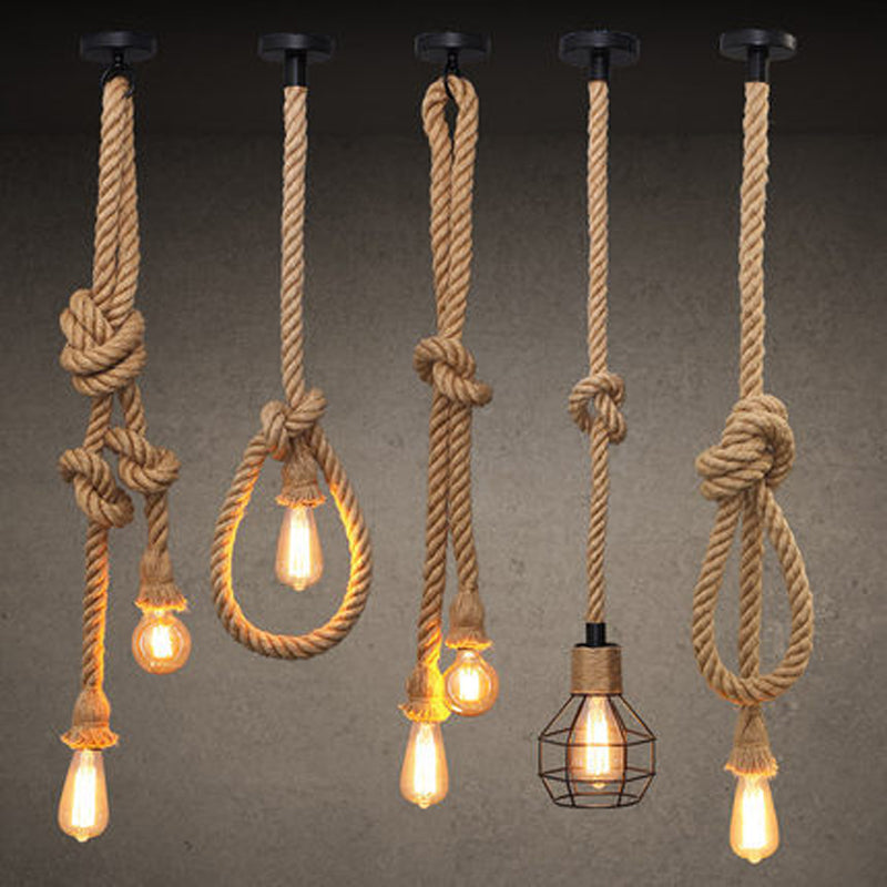 Bare Bulb Design Hemp Rope Ceiling Pendant Light - Brown Knot Farmhouse Style