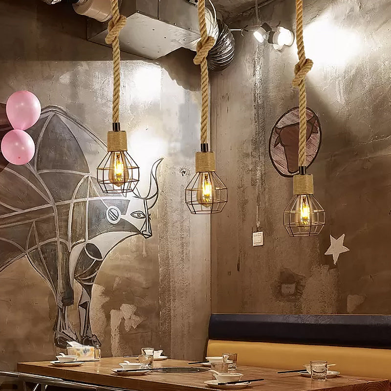 Bare Bulb Design Hemp Rope Ceiling Pendant Light - Brown Knot Farmhouse Style / C