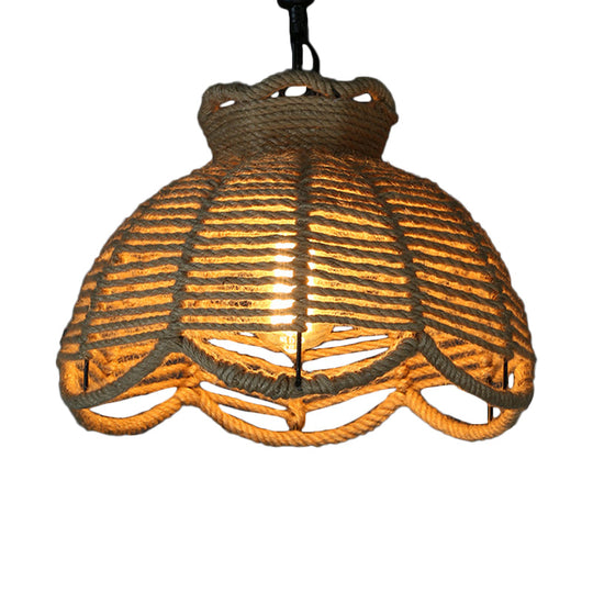 Rustic Scalloped Bowl Pendant Ceiling Lamp With Jute Rope Suspension - Wood Finish Ideal For Dining