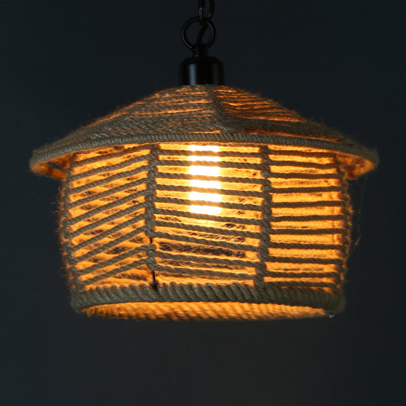 Rustic Scalloped Bowl Pendant Ceiling Lamp With Jute Rope Suspension - Wood Finish Ideal For Dining