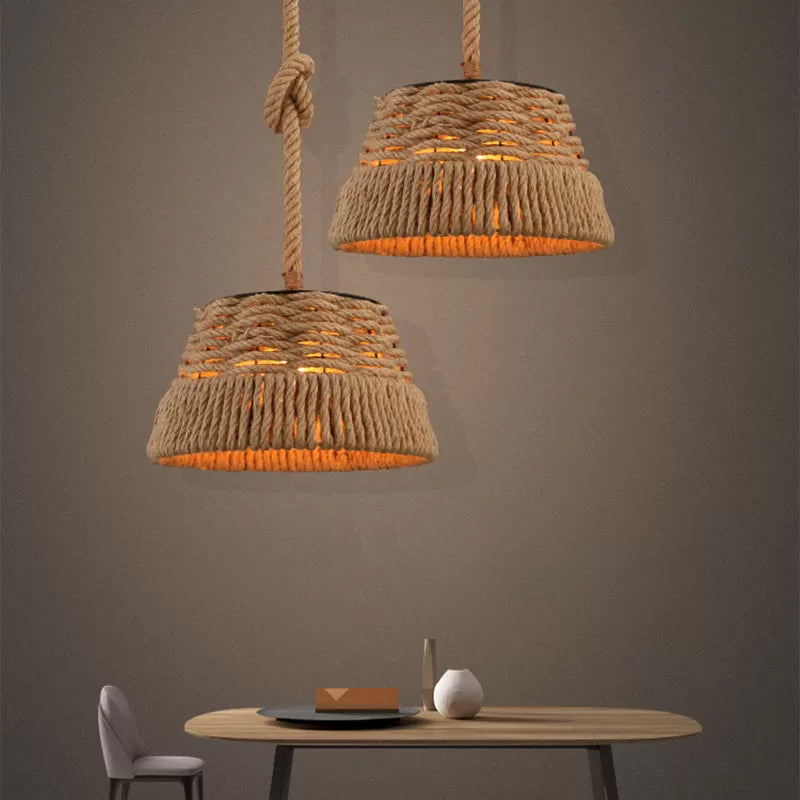 Rustic Hand-Weaving Rope Tapered Pendant In Brown For Country Club Ceiling Hang Light With 1 Bulb