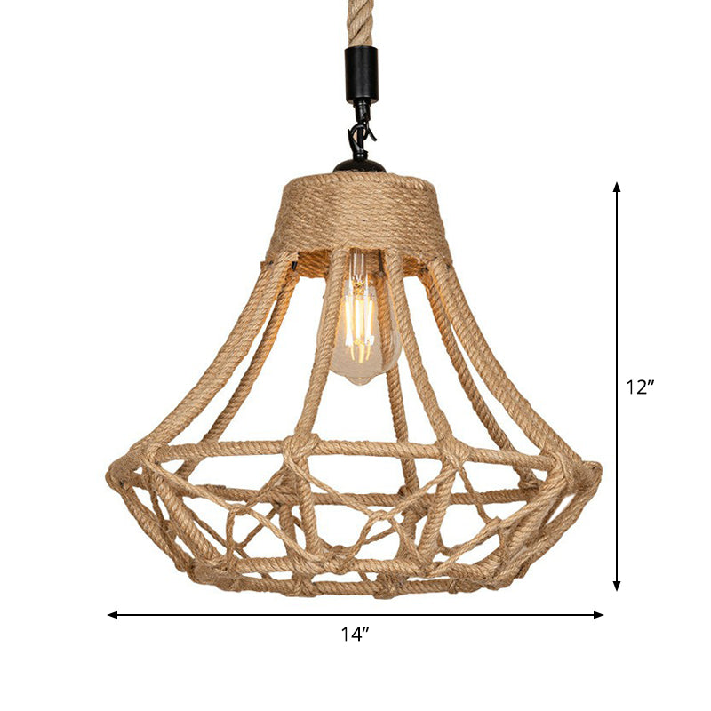 Lodge Diamond Pendant Ceiling Light In Brown - 1 Bulb Hemp Hanging For Cafes