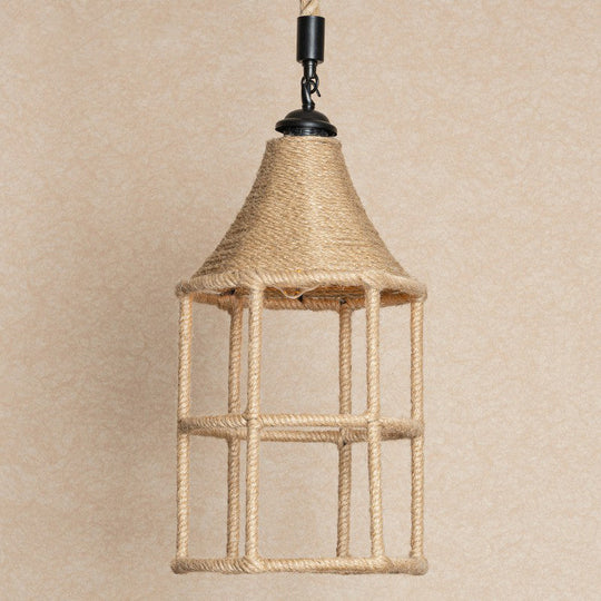 Rustic Rope Pendant Light For Dining Room - Booth Shaped Design Brown Finish Suspended Lighting