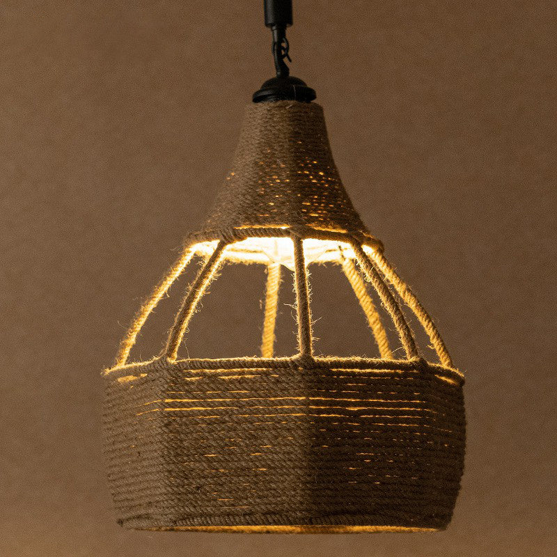 Farmhouse Brown Dining Table Pendant Light - Single Jute Rope Down Lighting With Pear Shape Design