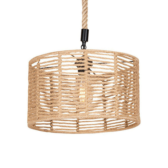 Rustic Natural Rope Drum Pendant Ceiling Lamp With 1 Bulb - Brown Finish | Perfect For Restaurants