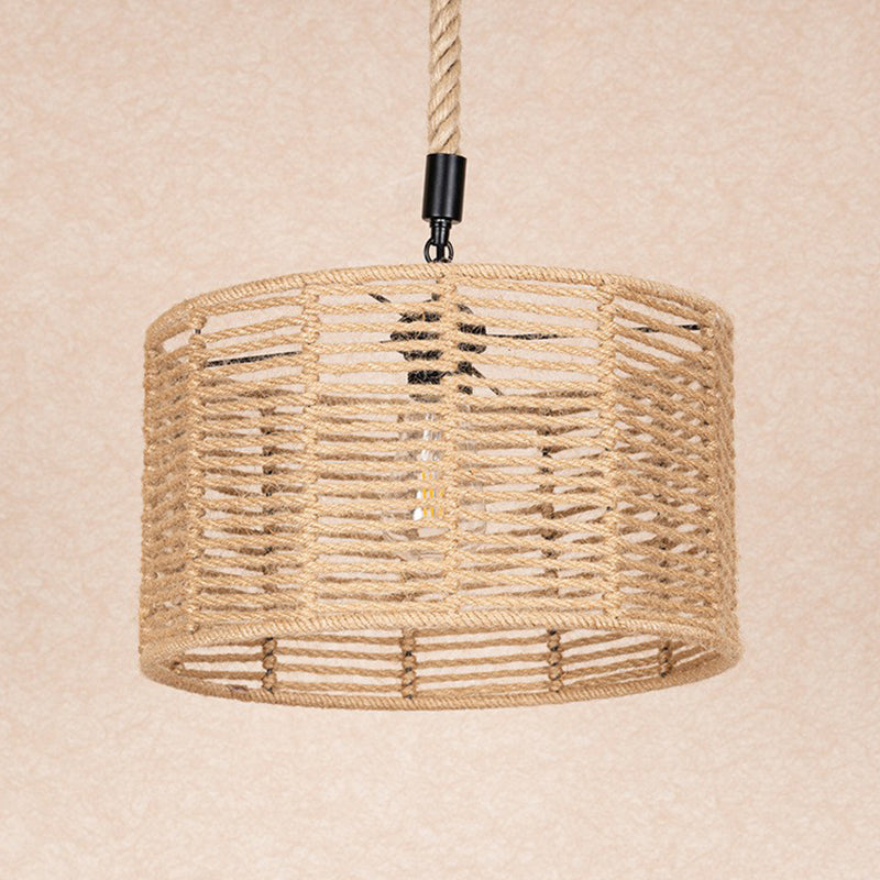 Rustic Natural Rope Drum Pendant Ceiling Lamp With 1 Bulb - Brown Finish | Perfect For Restaurants
