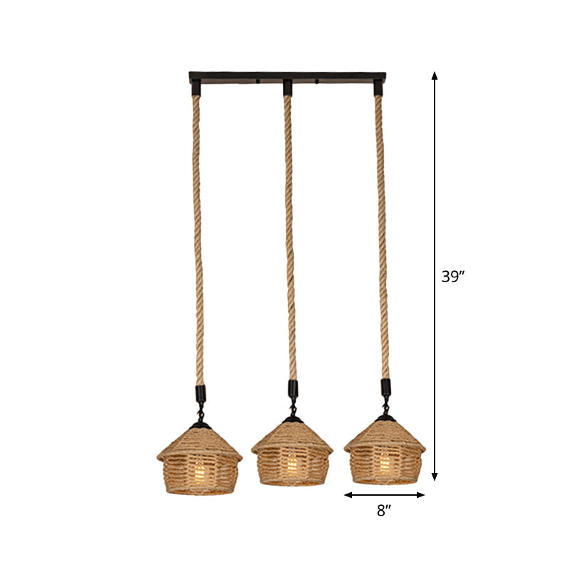 Rustic Brown Barn Pendant Lamp Cluster – Rural Rope Design 3/6 Lights Ceiling Suspension