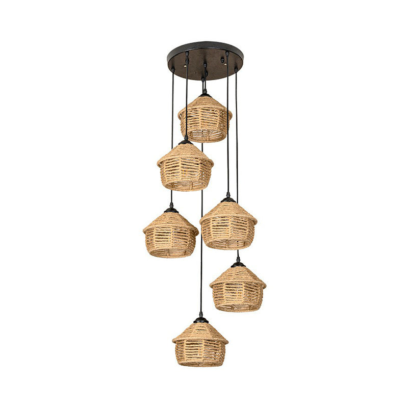 Rustic Brown Barn Pendant Lamp Cluster – Rural Rope Design 3/6 Lights Ceiling Suspension
