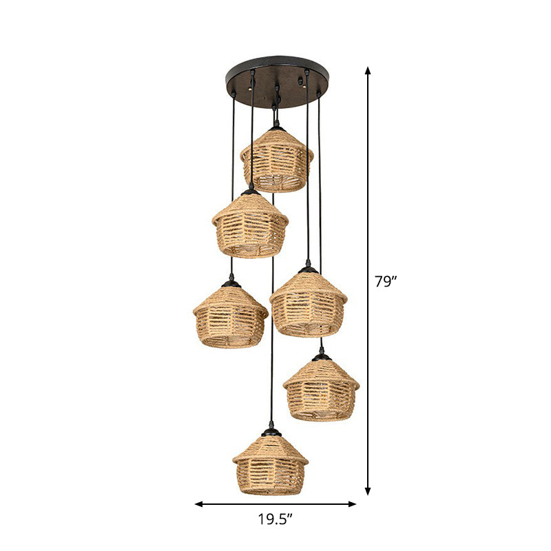 Rustic Brown Barn Pendant Lamp Cluster – Rural Rope Design 3/6 Lights Ceiling Suspension