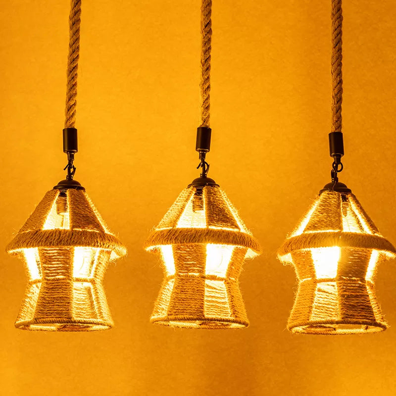 Rustic Rope Cluster Pendant Ceiling Light - Brown 3/6 Bulbs Living Room Round/Linear