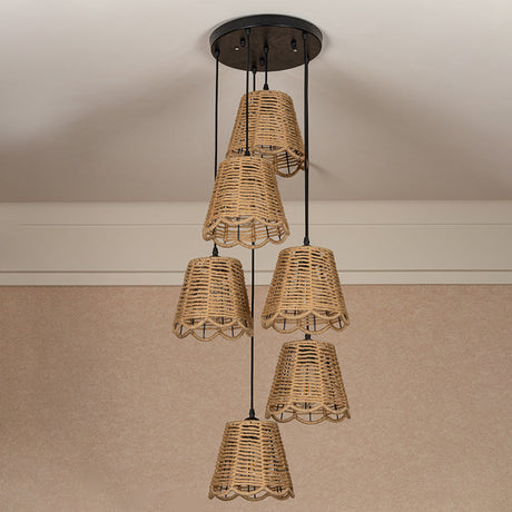 Rustic Brown Rope Pendant Lighting - Scalloped Trimmed 3/6-Head Multi Ceiling Light
