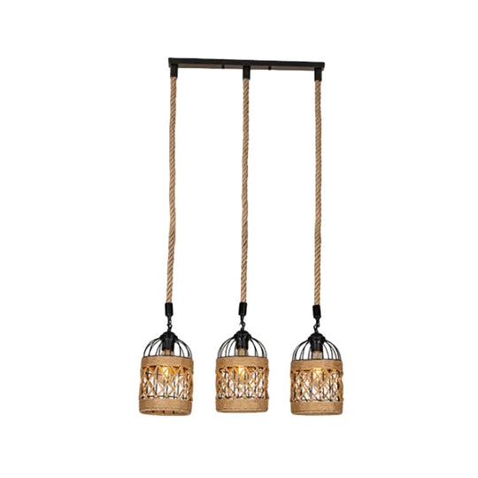 Lodge Birdcage Pendant Light Kit – Criss-Cross Woven Rope Brown 3/6 Heads Cluster Round/Linear